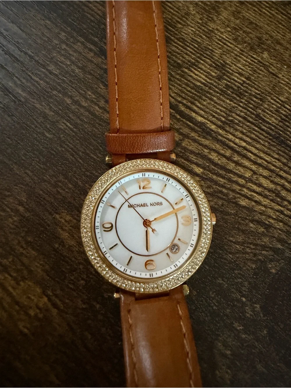 Michael Kors Gold Crystal Bezel White Dial Brown Leather Strap Watch